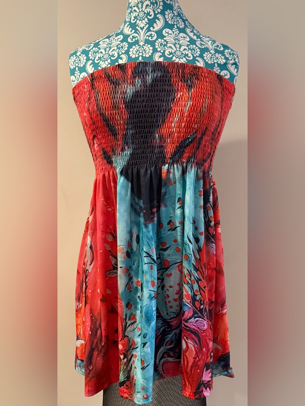 Strapless Red & Teal Tie-Dye Floral Smocked Suntop/dress